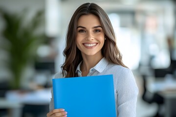 Portrait of a smiling woman in an office with a folder in her hands, taxes, finance, accountant
