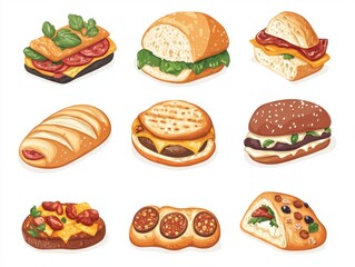 Delicious assortment of gourmet sandwiches and open faced toasts on a clean white background showcasing culinary artistry and appetizing food presentation