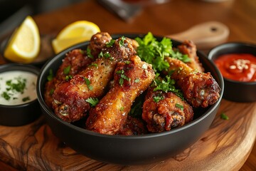 Baked chicken drumsticks in a bowl on a black background.