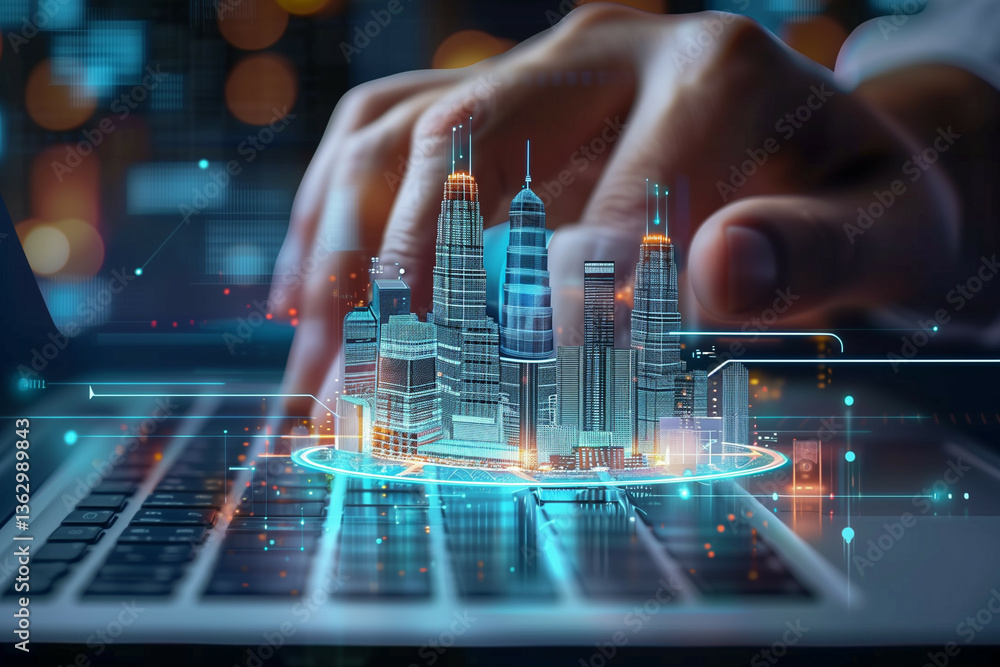 Poster this image depicts a person working on a computer, creating a futuristic cityscape model with a digi