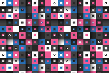Modern square-themed seamless geometric pattern in pink, blue, and black. Perfect for digital art, textiles, and graphic design projects.