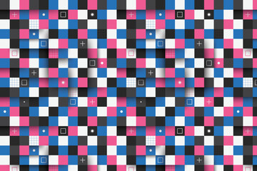Modern pixel-inspired seamless geometric pattern with pink, blue, and black. Perfect for digital, textile, and creative backgrounds.