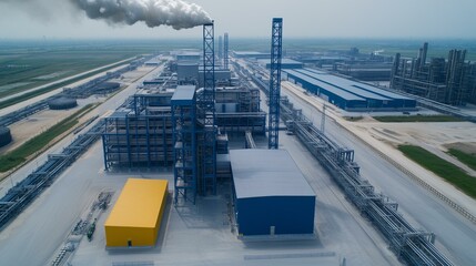 Fototapeta premium Industrial Complex with Blue Structures and Yellow Building Surrounded by Pipelines and Smokestacks