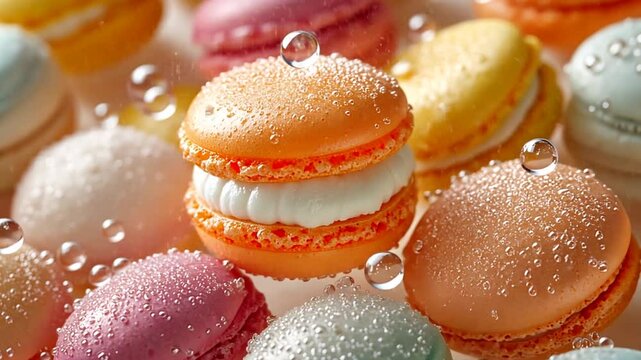 Colorful macarons floating in water, close-up view, food photography, possible use for baking