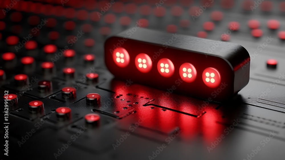 Poster deep red lighting embedded within a textured, electronic surface matrix