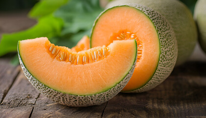 Sliced fresh melon highlighted on rustic wooden table. concept of healthy eating, summer fruits, refreshing snacks