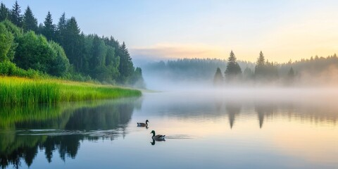 Fototapeta premium Misty Sunrise over a Calm Lake with Ducks