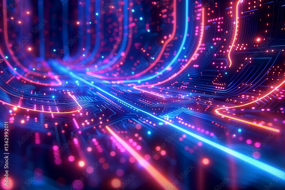 Poster this image captures a vibrant and intricate depiction of futuristic neon circuits glowing with energ