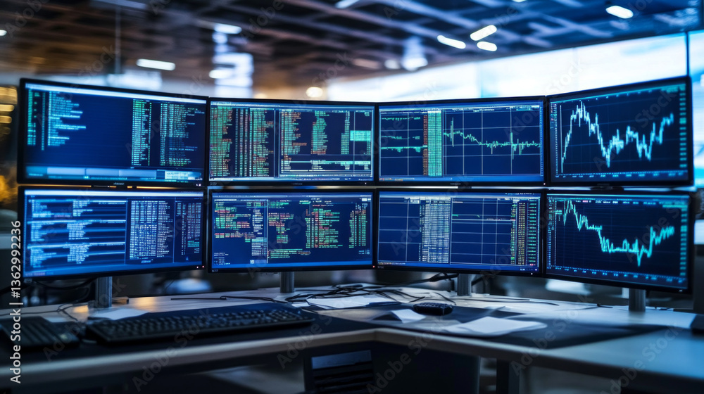 Poster a thriving office buzzes with activity as traders analyze real-time currency exchange data on multip