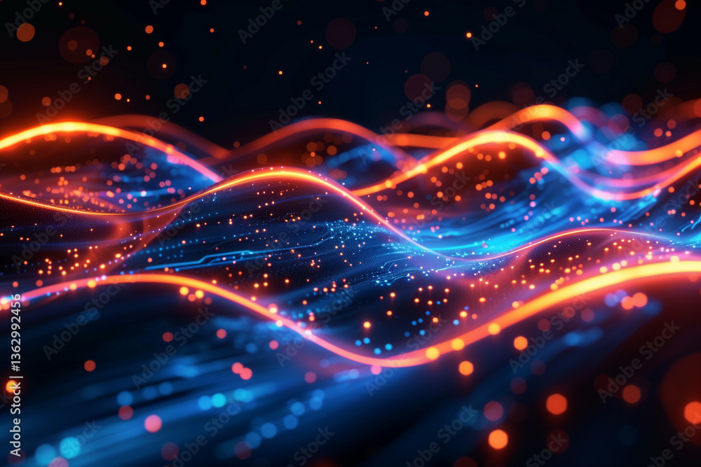 Poster dynamic abstract waveform of glowing particles and energy lines in a futuristic digital landscape wi