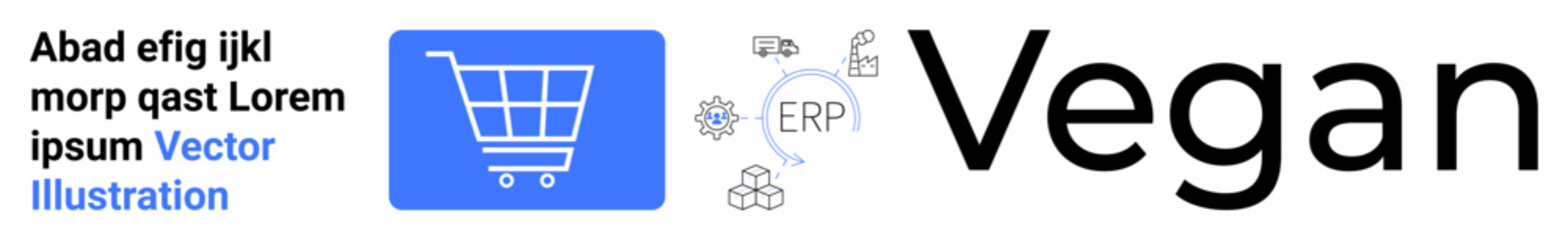 Blue shopping cart icon, small ERP system visuals including cloud and gear, next to Vegan in bold letters. Ideal for e-commerce, ERP promotion, vegan product marketing, cloud systems, sustainability