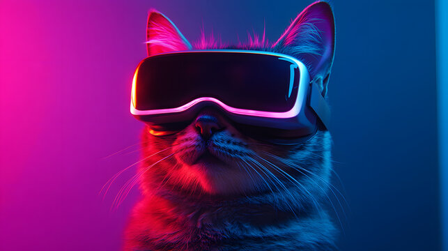 Cat in 3D reality glasses, futuristic image