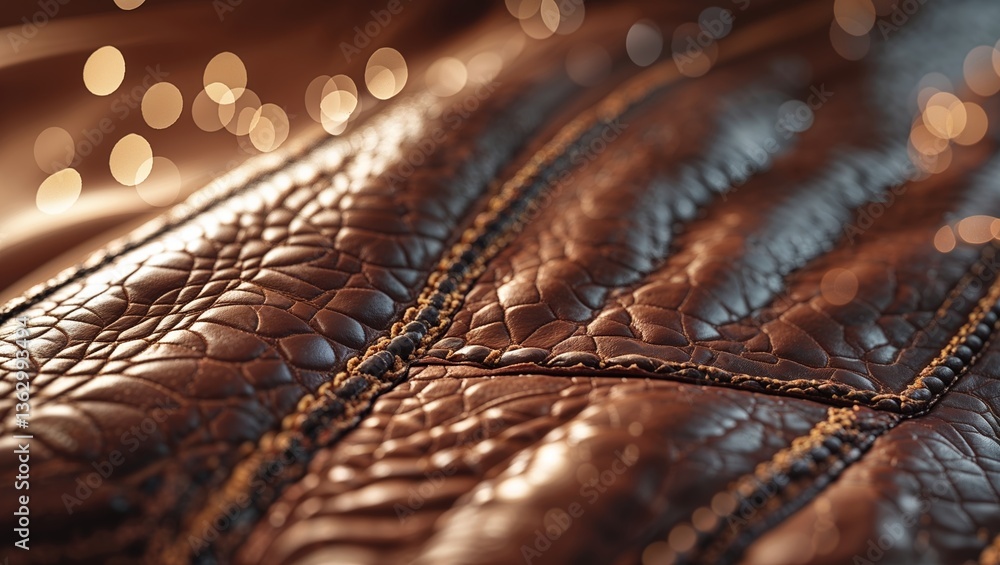 Poster close-up view of textured leather with warm bokeh background in soft lighting