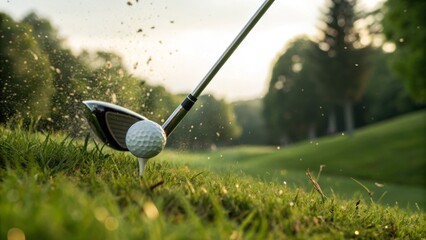 Close up of a golf club hitting a golf ball at the moment of impact displaying the perfect swing technique and form