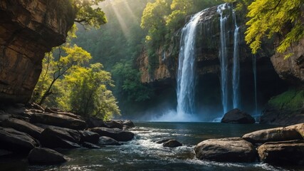 A serene waterfall cascading into a tranquil river, surrounded by lush greenery and sunlight.