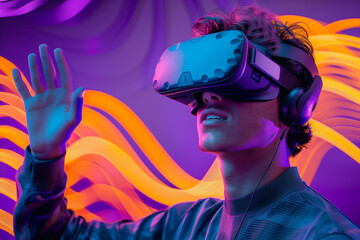 A young man immersed in a vibrant virtual reality experience with colorful abstract waves in the background, showcasing futuristic technology