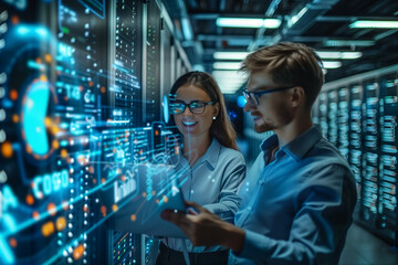 Two IT Professionals Analyzing Data Visualizations on Holographic Display in High-Tech Server Room with Futuristic Interface and Advanced Cybersecurity System