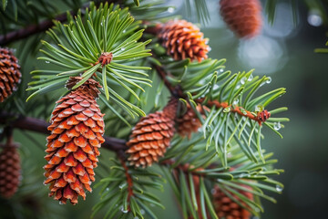 Fototapeta premium Close-up of pine cones hanging from evergreen branches with morning dew, showcasing nature’s texture and forest detail in a calm, moody, and fresh atmosphere