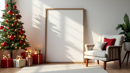 Flat Mockup Photo Frame in Living Room: Christmas Theme Interior for Festive Holiday Decor and Seasonal Home Decoration Concept