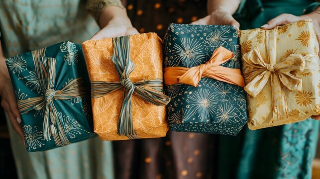 Gift of Joy: A curated array of exquisitely wrapped presents, held aloft, each a vibrant testament to thoughtfulness, creating an atmosphere of excitement.