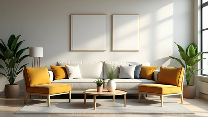 Modern Living Room Decor: Cozy Interior Design with Chairs, Sofa, and Small Plant Pots - Perfect for Stock Photos and Stylish Home Spaces