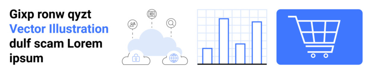 Cloud with tech connections, bar graph for analytics, shopping cart icon. Ideal for technology, business, e-commerce, retail, data management, networking simple landing page