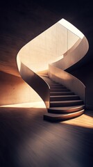 An elegant spiral staircase illuminated by natural sunlight indoors