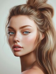 Naklejka premium Beauty portrait of a young woman with perfect skin, long wavy hair and freckles