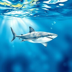 Obraz premium Close up of shark in ocean on water surface. Watercolor style