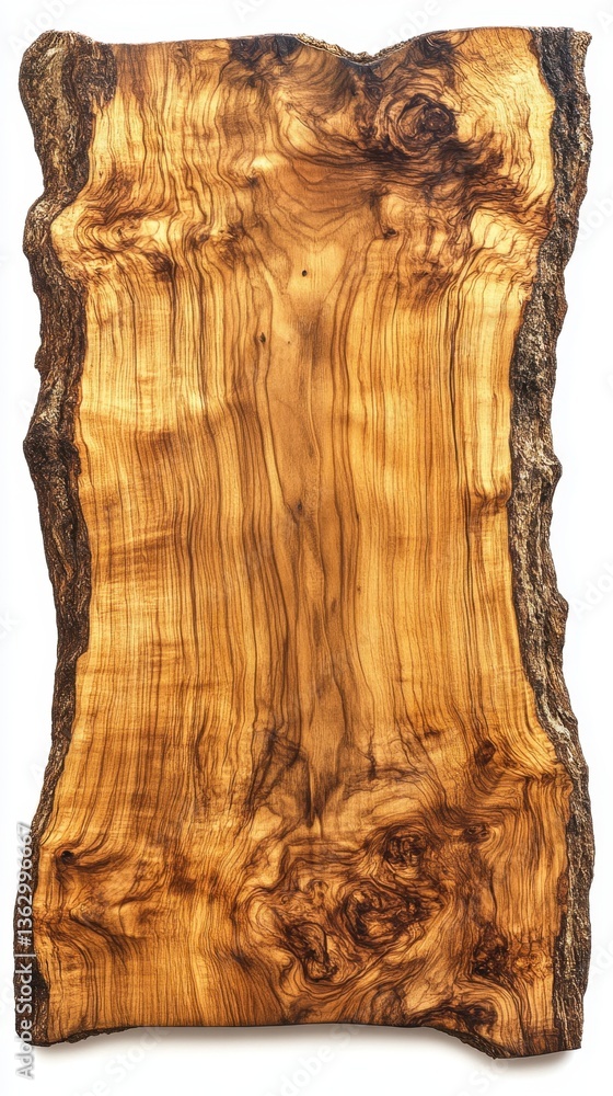 Poster rustic olive wood slab with natural bark edges and grain patterns on white background for crafts and