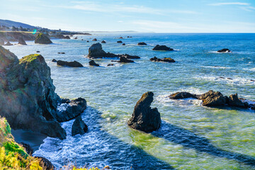Coastal cliffs along California's Highway 1 in Northern California. Rugged ocean rocks, crashing...