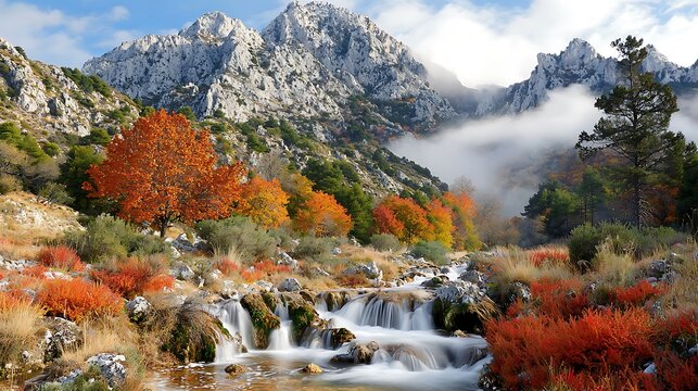 Autumn landscape waterfall mountain region nature photography scenic view vibrant colors