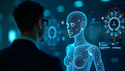 Exploring AI's Impact: A Cute Vector Illustration of Holographic Interfaces in Business, Education & More