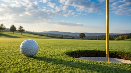 Obraz premium A close-up of a golf ball nestled on the green grass with a hole and flag in the background on a sunny day