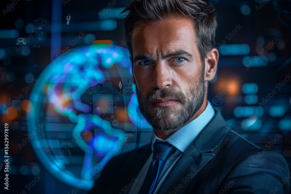 Poster sophisticated businessman analyzing holographic data visualization in a futuristic interface environ