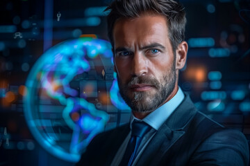 Sophisticated Businessman Analyzing Holographic Data Visualization in a Futuristic Interface Environment