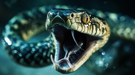 Obraz premium Striking green snake with open mouth, fangs visible, underwater.