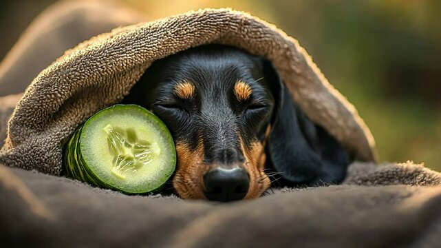 Relaxed Dachshund Enjoying Spa Treatment With Cucumber Slices Generative AI