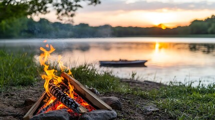 Campfire gathering at sunset by the lake nature photography tranquil atmosphere scenic view