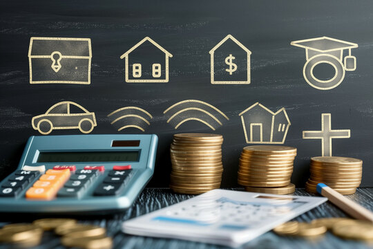 An illustrative financial concept image featuring icons of home, security, car, wireless technology, and education over piles of coins with a calculator