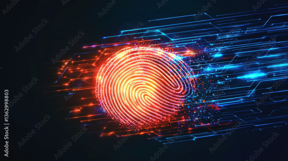Poster vibrant glowing fingerprint with dynamic lines representing speed and technology, symbolizing securi