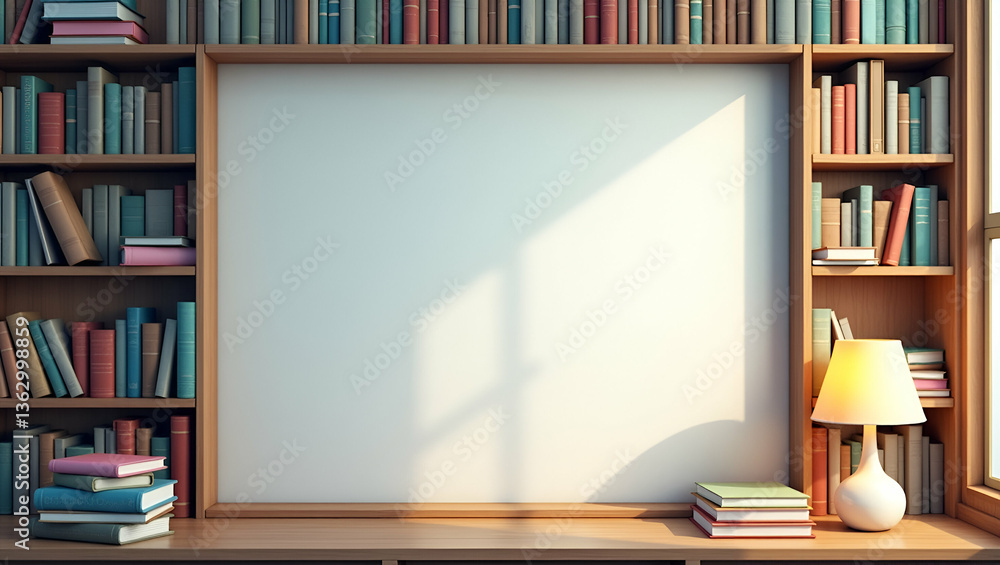 Poster cozy international literacy day border frame with bookshelf and lamp for custom text