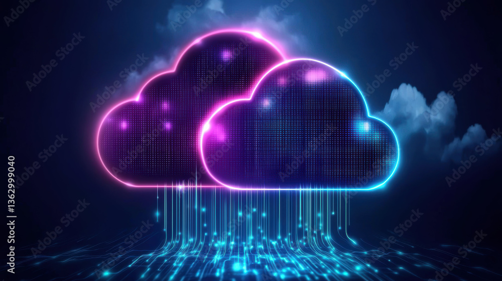 Poster abstract visualization of cloud technology with vibrant colors and digital elements, showcasing data