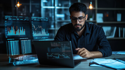 financial analyst working with advanced software, analyzing data on multiple screens in modern office environment