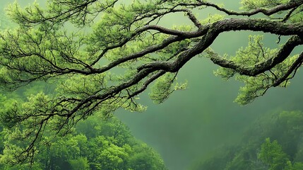 Misty Mountain Forest: Lush Green Tree Branch Photography AI Generated