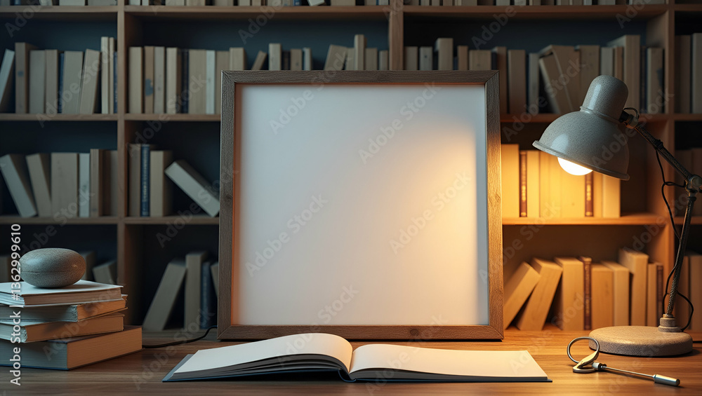 Poster cozy international literacy day border frame featuring bookshelf and lamp - perfect for custom text 
