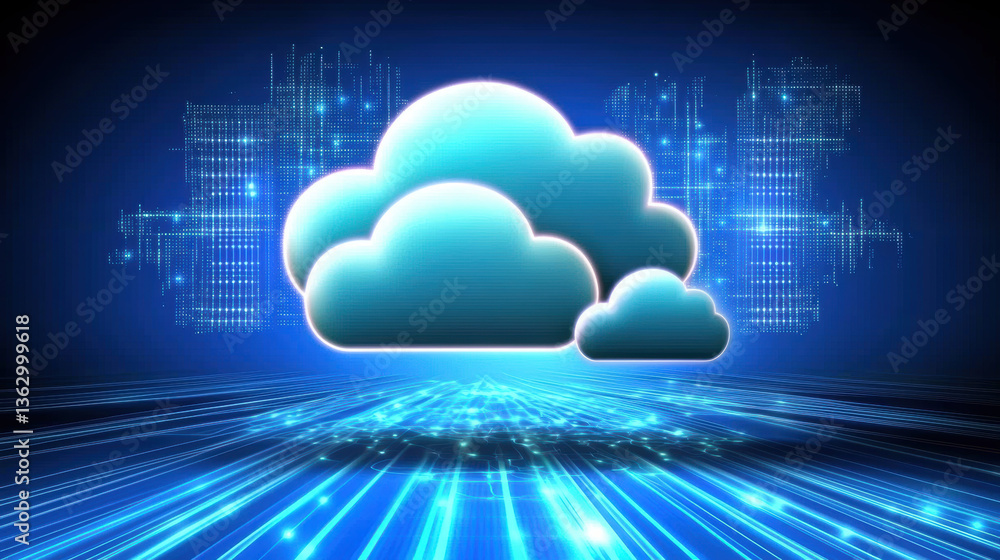 Poster futuristic cloud network with glowing elements and digital lines, representing technology and connec