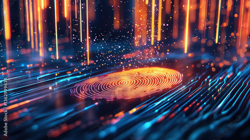 Poster mesmerizing glowing fingerprint surrounded by vibrant light trails and particles, creating captivati