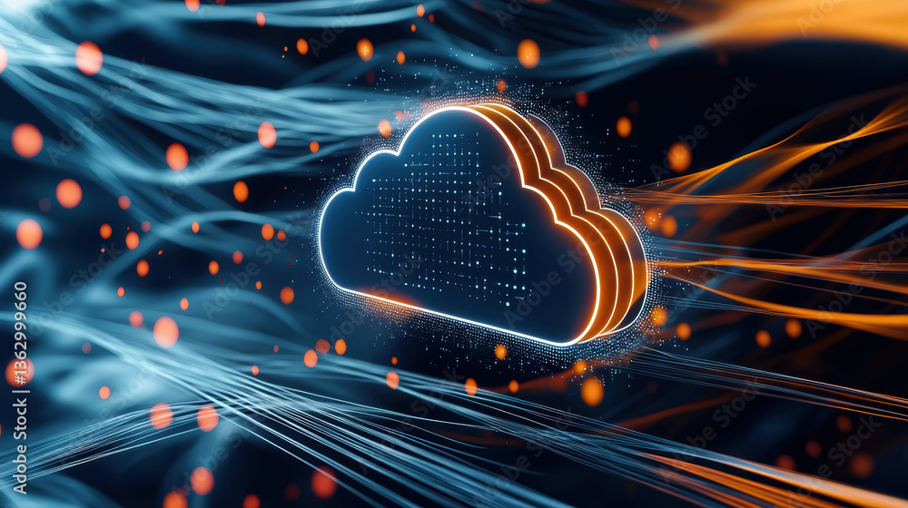 Poster modern cloud icon surrounded by flowing lines and glowing particles, representing technology and con
