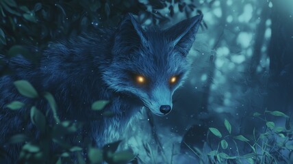 Photorealistic anime-style close-up of a mystical fox spirit with glowing eyes in a forest
